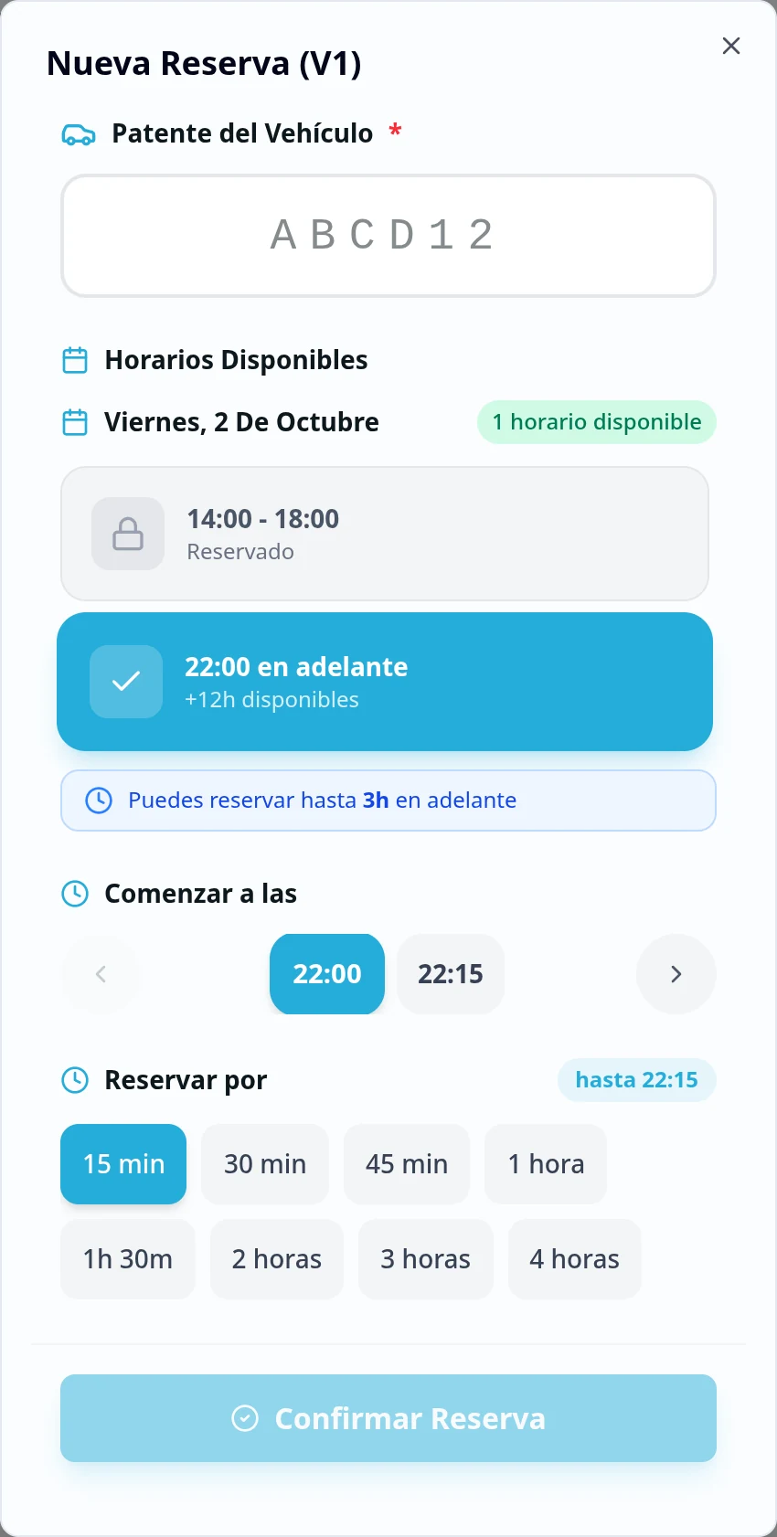 Formulario real de nueva reserva: patente, horarios disponibles y duración de uso.