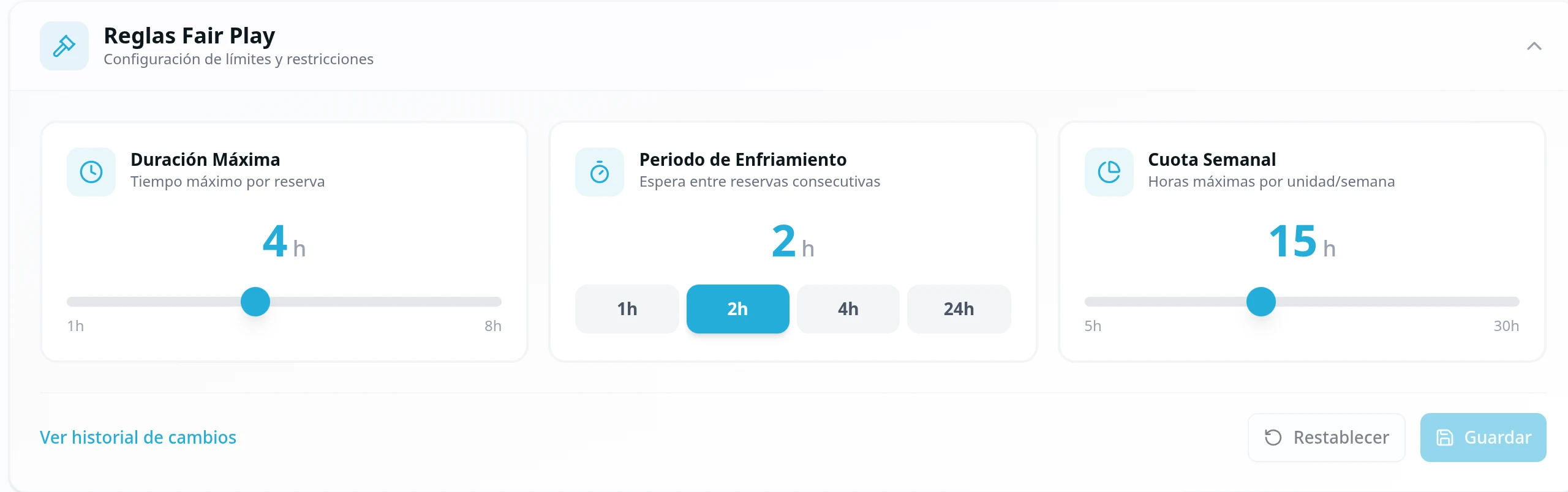 Panel real de Reglas Fair Play: duración máxima, periodo de enfriamiento y cuota semanal.